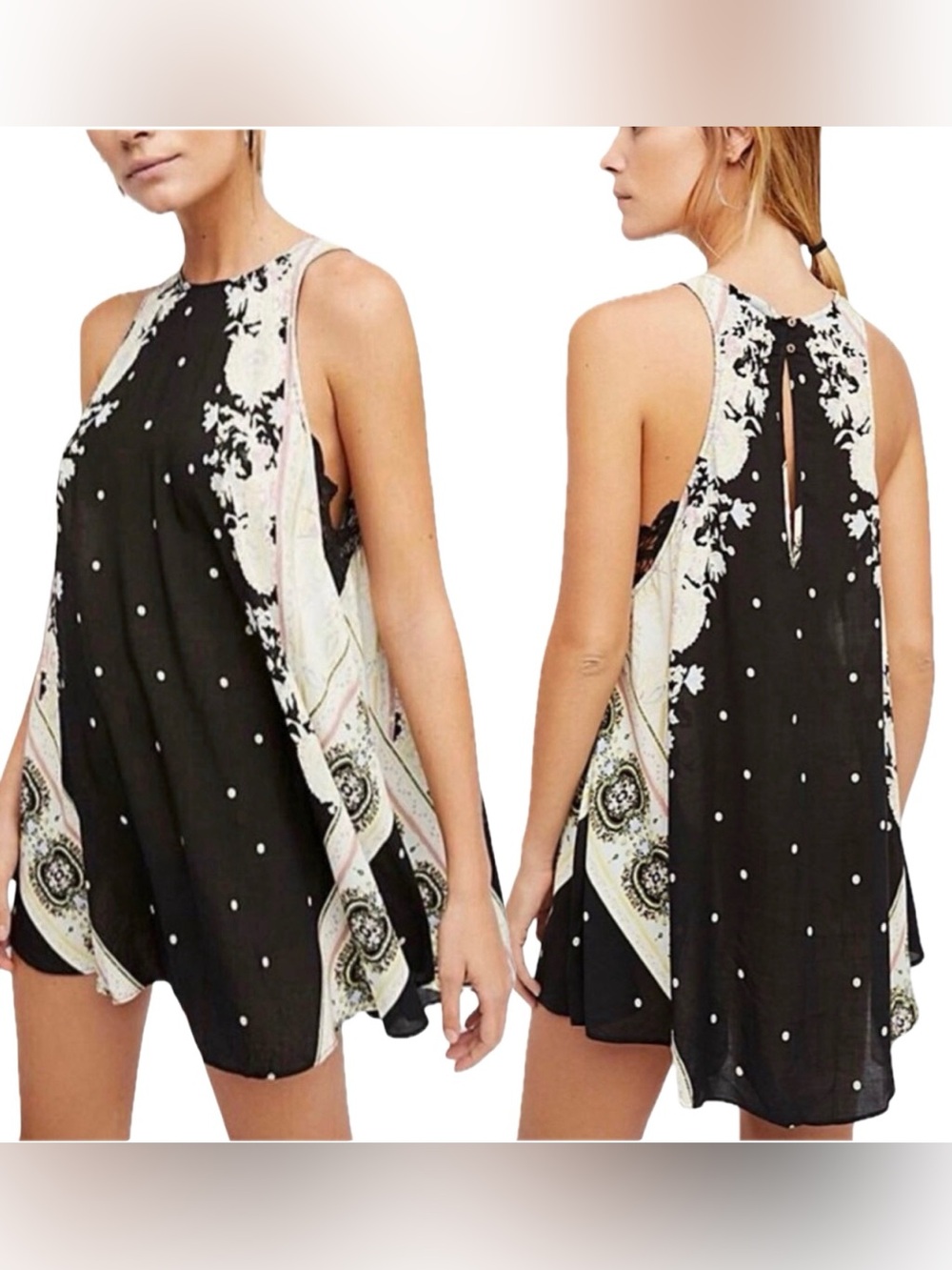 FREE PEOPLE Intimately Darjeeling Black Floral Lace Boho Swing Mini Dress Sz M